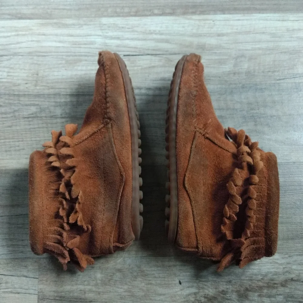 Kids Minnetonka Moccasin Size 12 Brown Suede Bootie Fringe Pull On Zip Up